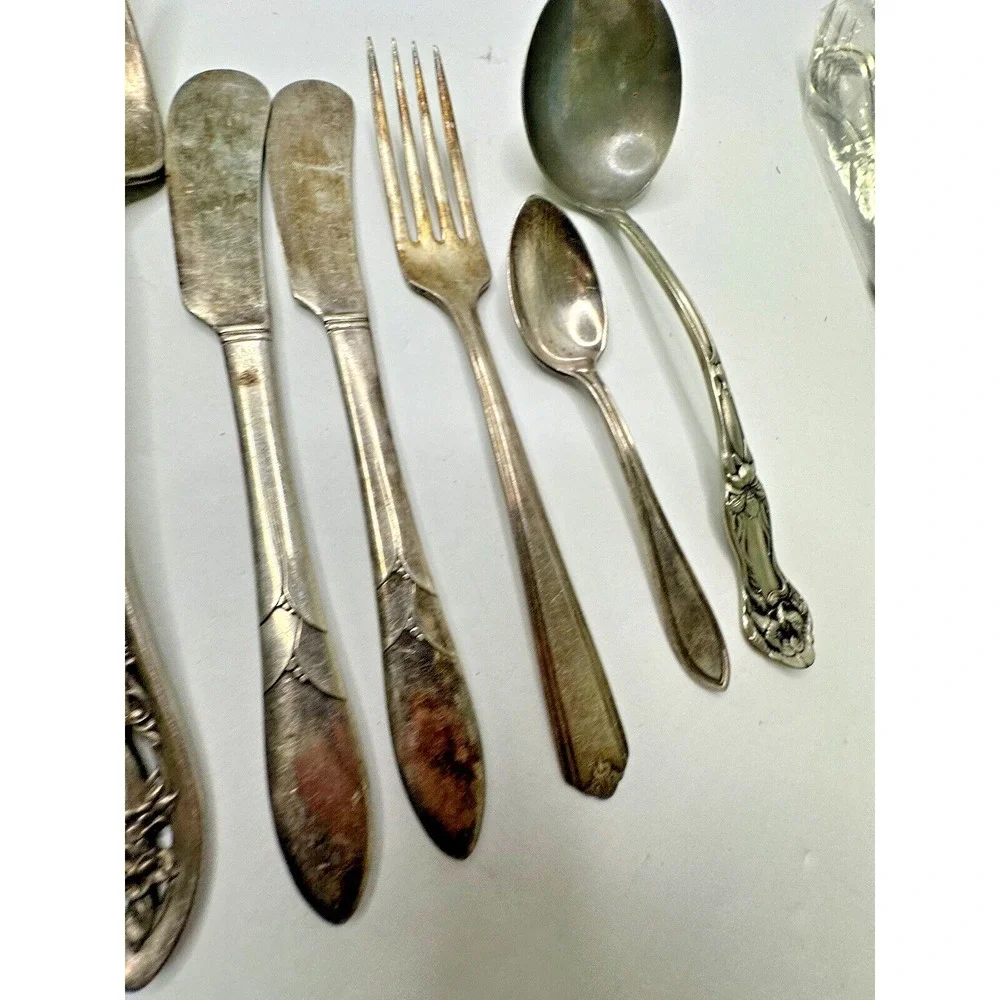 Silver Plated Flatware Lot Ladle Meat Fork Cocktail Butter Knife Spoon 11 pc VTG